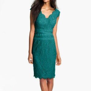 Tadashi Shoji Teal Green Lace Overlay Scalloped Sheath Cocktail Dress Size 14
